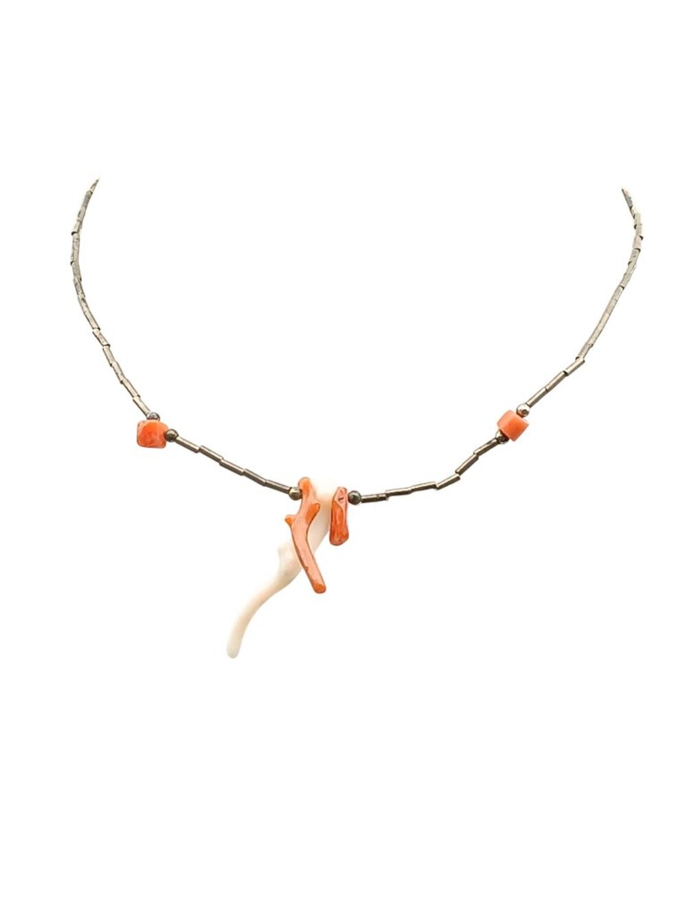 Vintage Coral Liquid Silver Choker Necklace with Abstract Branch Pendant Unique